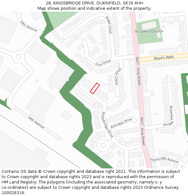 28, KINGSBRIDGE DRIVE, DUKINFIELD, SK16 4HH: Location map and indicative extent of plot