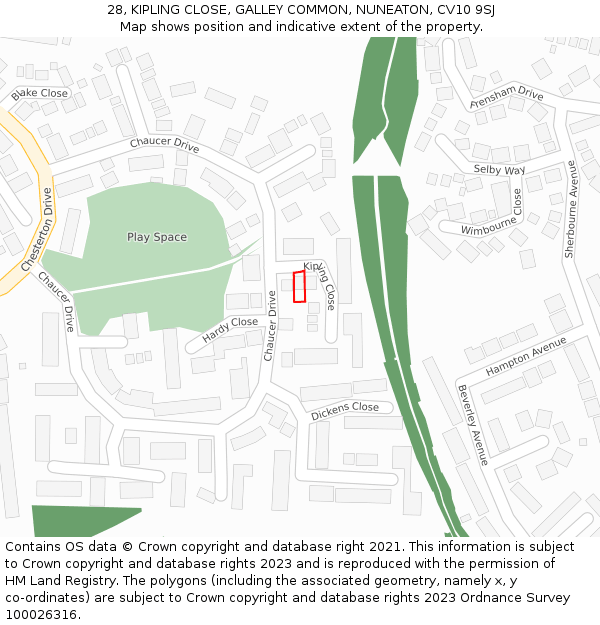 28, KIPLING CLOSE, GALLEY COMMON, NUNEATON, CV10 9SJ: Location map and indicative extent of plot