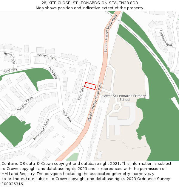 28, KITE CLOSE, ST LEONARDS-ON-SEA, TN38 8DR: Location map and indicative extent of plot