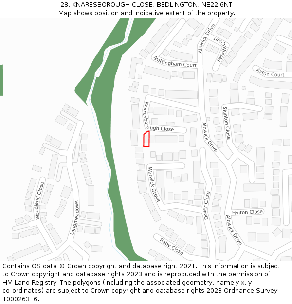 28, KNARESBOROUGH CLOSE, BEDLINGTON, NE22 6NT: Location map and indicative extent of plot