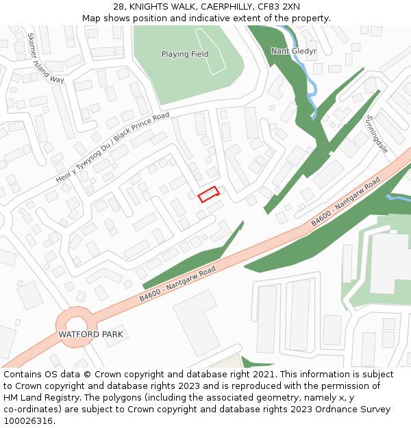 28, KNIGHTS WALK, CAERPHILLY, CF83 2XN: Location map and indicative extent of plot