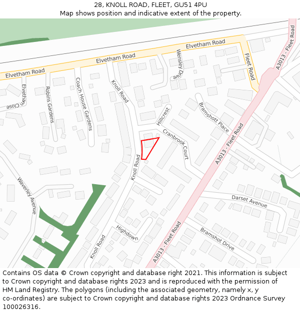 28, KNOLL ROAD, FLEET, GU51 4PU: Location map and indicative extent of plot