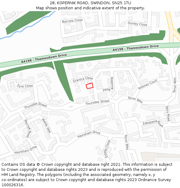 28, KOPERNIK ROAD, SWINDON, SN25 1TU: Location map and indicative extent of plot