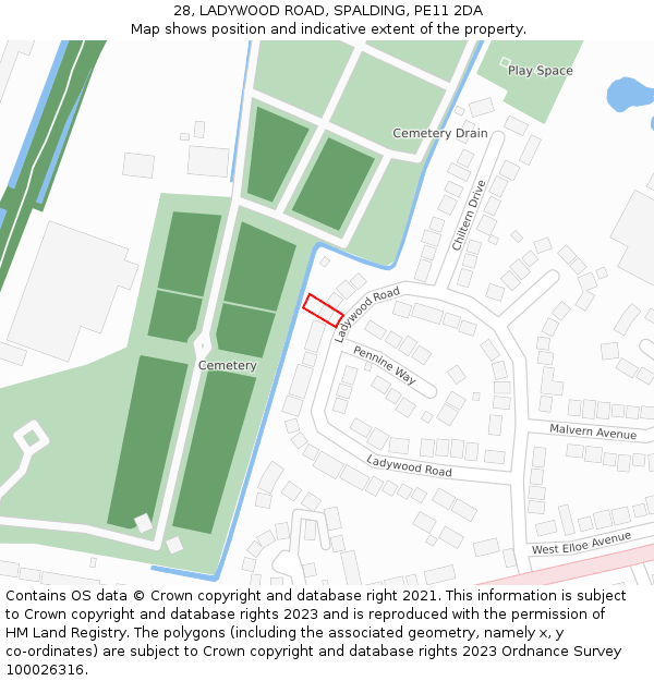 28, LADYWOOD ROAD, SPALDING, PE11 2DA: Location map and indicative extent of plot