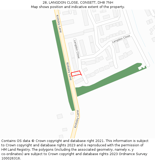 28, LANGDON CLOSE, CONSETT, DH8 7NH: Location map and indicative extent of plot