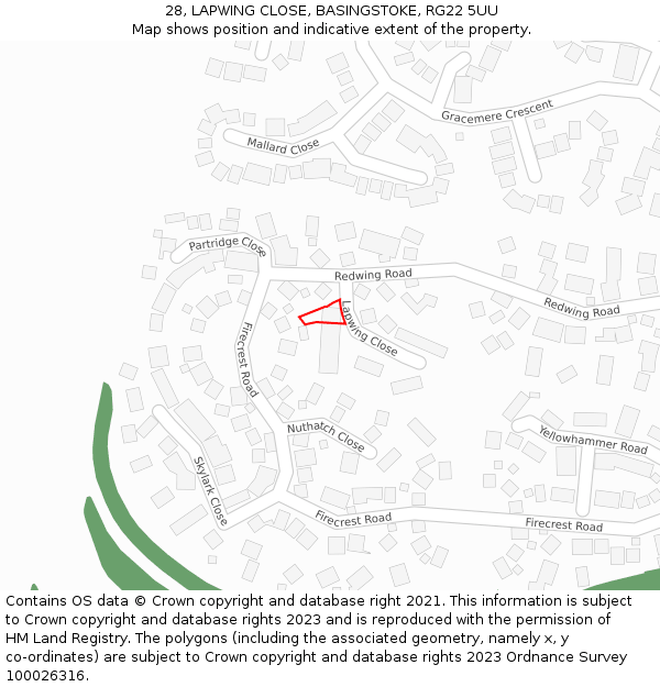 28, LAPWING CLOSE, BASINGSTOKE, RG22 5UU: Location map and indicative extent of plot