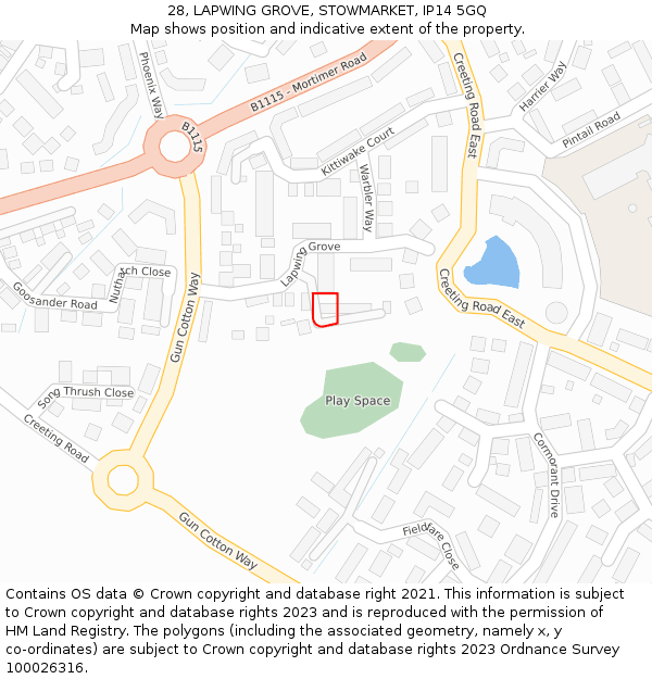 28, LAPWING GROVE, STOWMARKET, IP14 5GQ: Location map and indicative extent of plot