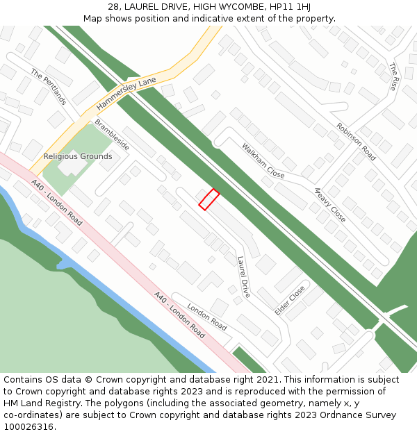 28, LAUREL DRIVE, HIGH WYCOMBE, HP11 1HJ: Location map and indicative extent of plot