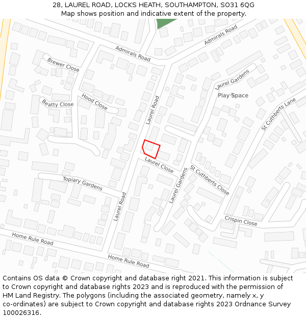 28, LAUREL ROAD, LOCKS HEATH, SOUTHAMPTON, SO31 6QG: Location map and indicative extent of plot