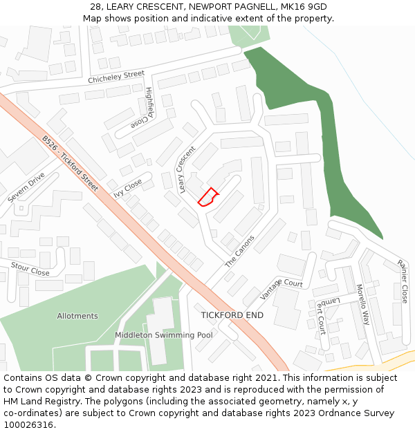 28, LEARY CRESCENT, NEWPORT PAGNELL, MK16 9GD: Location map and indicative extent of plot