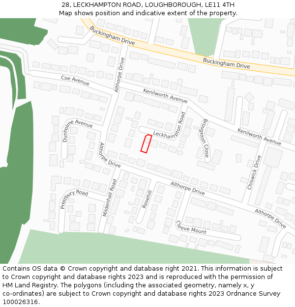 28, LECKHAMPTON ROAD, LOUGHBOROUGH, LE11 4TH: Location map and indicative extent of plot