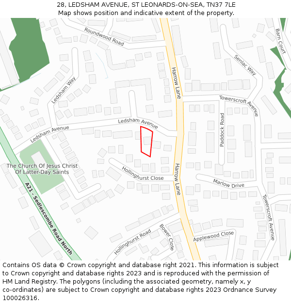 28, LEDSHAM AVENUE, ST LEONARDS-ON-SEA, TN37 7LE: Location map and indicative extent of plot