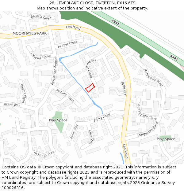 28, LEVERLAKE CLOSE, TIVERTON, EX16 6TS: Location map and indicative extent of plot