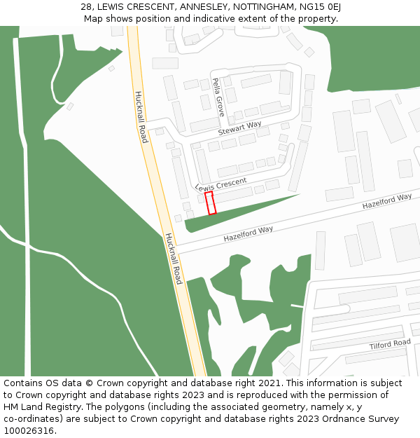 28, LEWIS CRESCENT, ANNESLEY, NOTTINGHAM, NG15 0EJ: Location map and indicative extent of plot