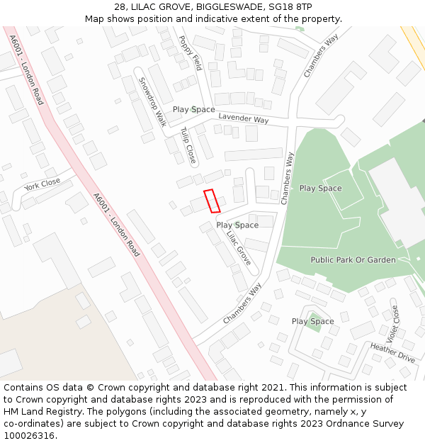 28, LILAC GROVE, BIGGLESWADE, SG18 8TP: Location map and indicative extent of plot