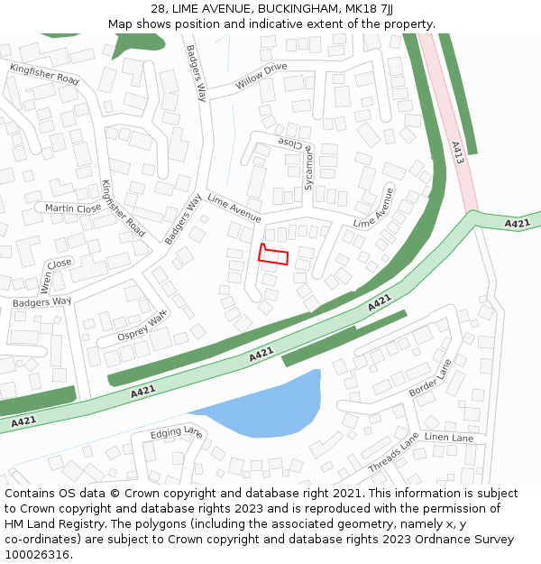 28, LIME AVENUE, BUCKINGHAM, MK18 7JJ: Location map and indicative extent of plot