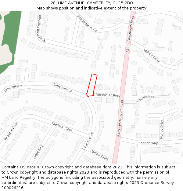 28, LIME AVENUE, CAMBERLEY, GU15 2BQ: Location map and indicative extent of plot