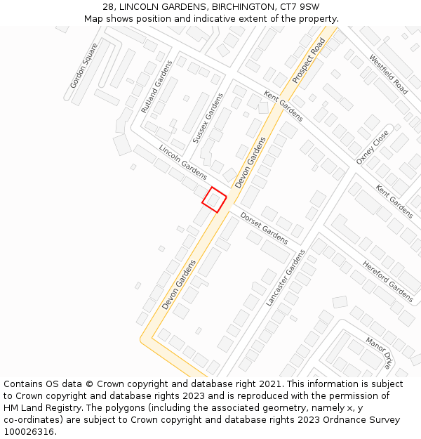 28, LINCOLN GARDENS, BIRCHINGTON, CT7 9SW: Location map and indicative extent of plot