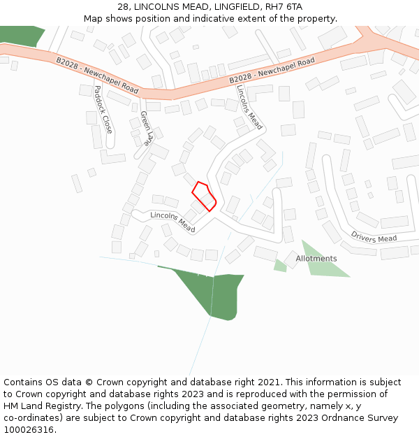 28, LINCOLNS MEAD, LINGFIELD, RH7 6TA: Location map and indicative extent of plot