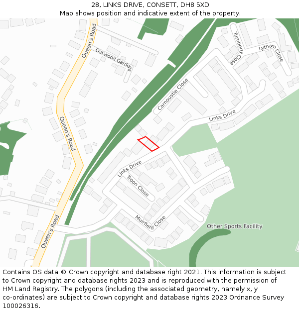 28, LINKS DRIVE, CONSETT, DH8 5XD: Location map and indicative extent of plot