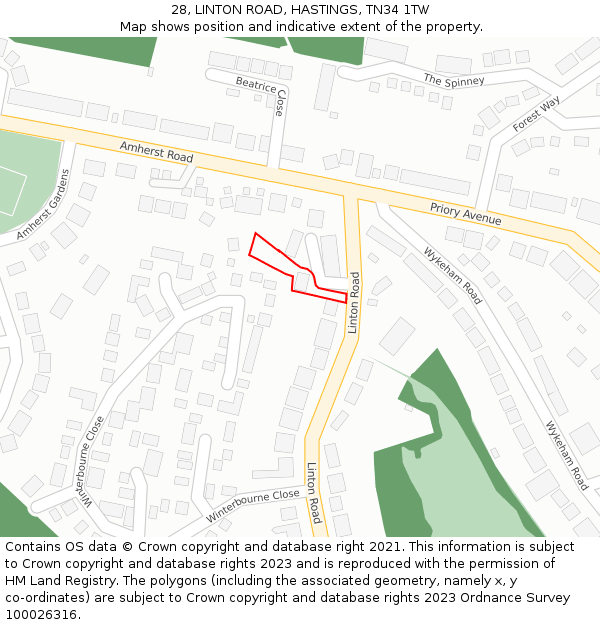 28, LINTON ROAD, HASTINGS, TN34 1TW: Location map and indicative extent of plot