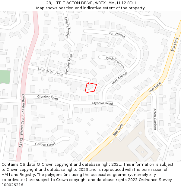 28, LITTLE ACTON DRIVE, WREXHAM, LL12 8DH: Location map and indicative extent of plot