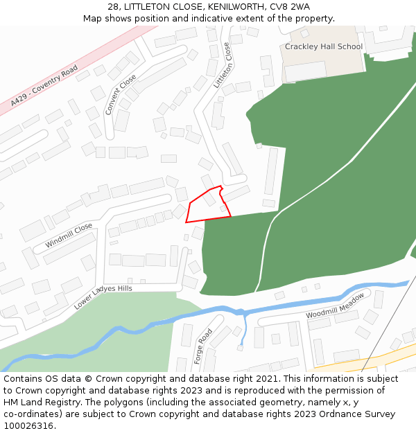 28, LITTLETON CLOSE, KENILWORTH, CV8 2WA: Location map and indicative extent of plot