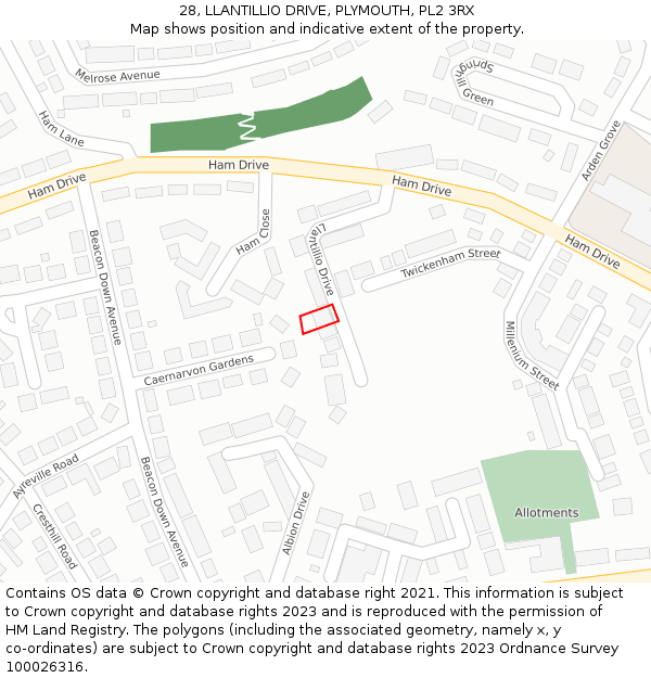 28, LLANTILLIO DRIVE, PLYMOUTH, PL2 3RX: Location map and indicative extent of plot
