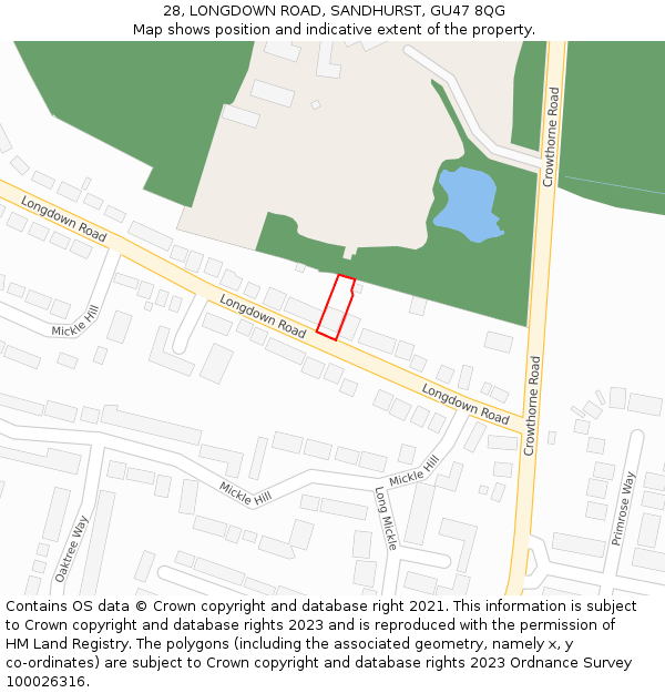 28, LONGDOWN ROAD, SANDHURST, GU47 8QG: Location map and indicative extent of plot