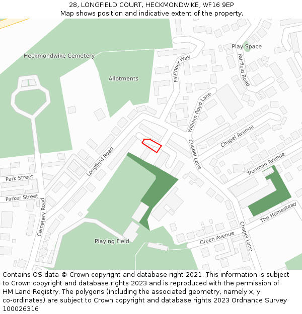 28, LONGFIELD COURT, HECKMONDWIKE, WF16 9EP: Location map and indicative extent of plot