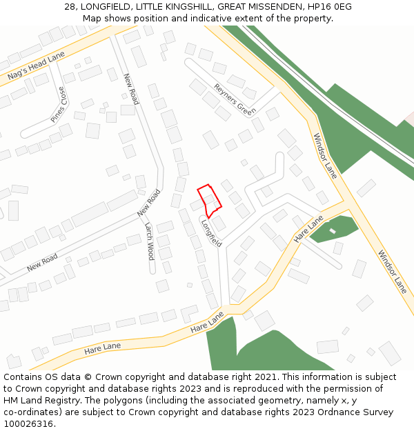 28, LONGFIELD, LITTLE KINGSHILL, GREAT MISSENDEN, HP16 0EG: Location map and indicative extent of plot