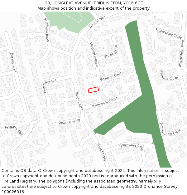 28, LONGLEAT AVENUE, BRIDLINGTON, YO16 6GE: Location map and indicative extent of plot