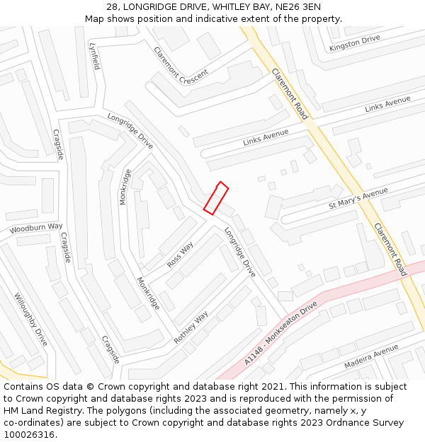 28, LONGRIDGE DRIVE, WHITLEY BAY, NE26 3EN: Location map and indicative extent of plot