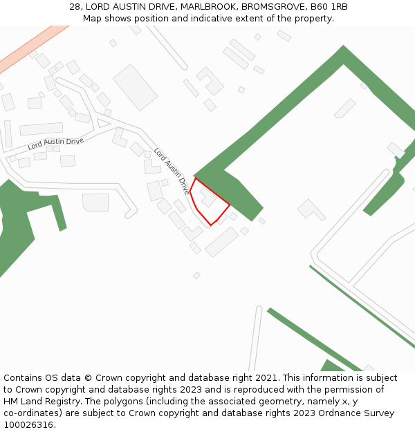 28, LORD AUSTIN DRIVE, MARLBROOK, BROMSGROVE, B60 1RB: Location map and indicative extent of plot