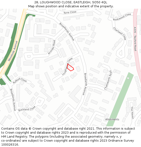 28, LOUGHWOOD CLOSE, EASTLEIGH, SO50 4QL: Location map and indicative extent of plot