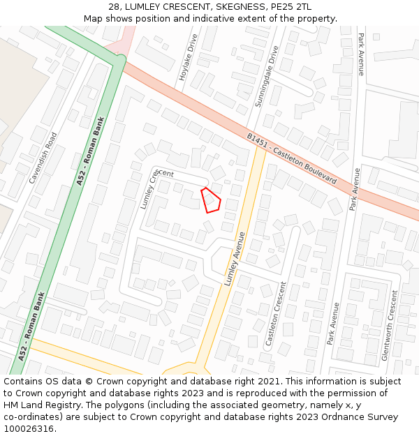 28, LUMLEY CRESCENT, SKEGNESS, PE25 2TL: Location map and indicative extent of plot