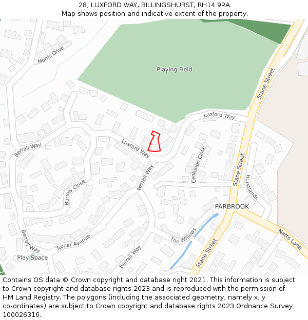 28, LUXFORD WAY, BILLINGSHURST, RH14 9PA: Location map and indicative extent of plot