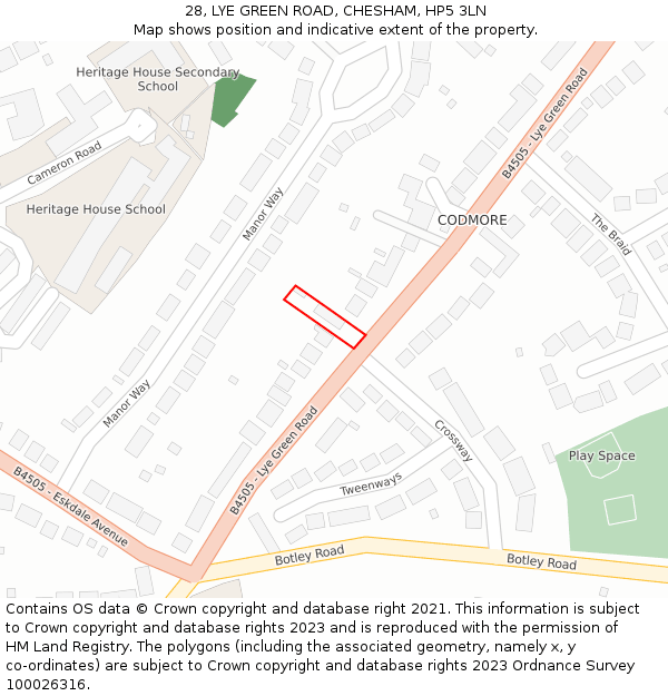 28, LYE GREEN ROAD, CHESHAM, HP5 3LN: Location map and indicative extent of plot