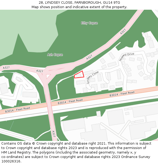 28, LYNDSEY CLOSE, FARNBOROUGH, GU14 9TG: Location map and indicative extent of plot