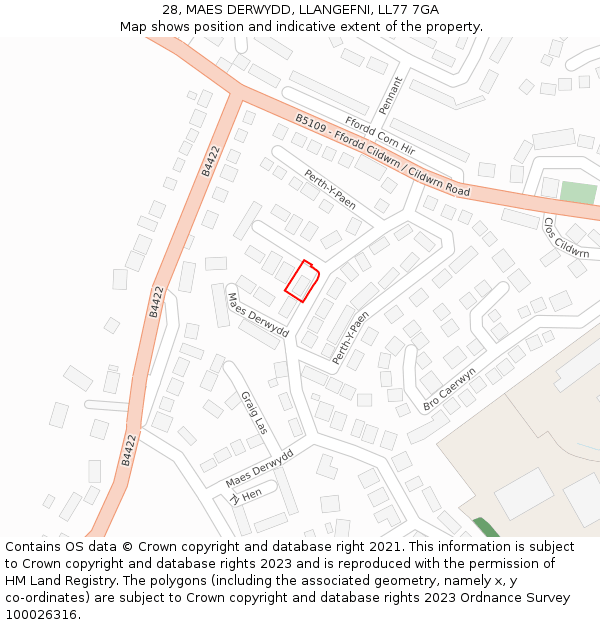 28, MAES DERWYDD, LLANGEFNI, LL77 7GA: Location map and indicative extent of plot