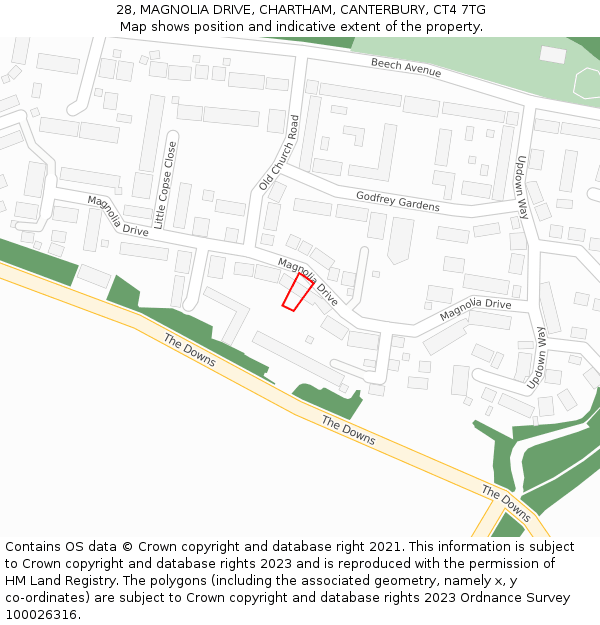 28, MAGNOLIA DRIVE, CHARTHAM, CANTERBURY, CT4 7TG: Location map and indicative extent of plot