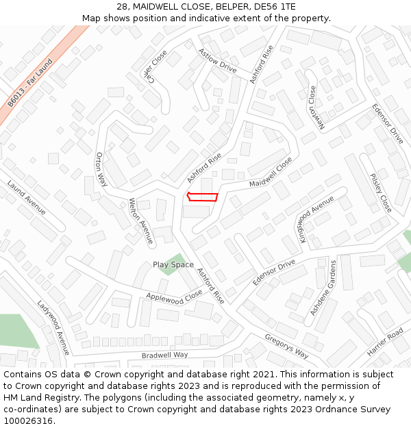 28, MAIDWELL CLOSE, BELPER, DE56 1TE: Location map and indicative extent of plot