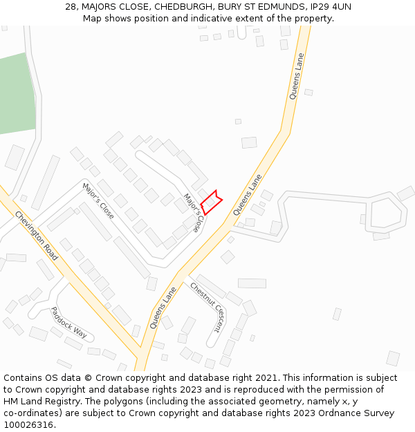 28, MAJORS CLOSE, CHEDBURGH, BURY ST EDMUNDS, IP29 4UN: Location map and indicative extent of plot