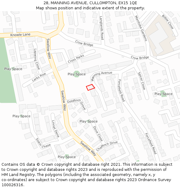 28, MANNING AVENUE, CULLOMPTON, EX15 1QE: Location map and indicative extent of plot