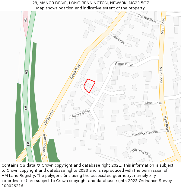 28, MANOR DRIVE, LONG BENNINGTON, NEWARK, NG23 5GZ: Location map and indicative extent of plot