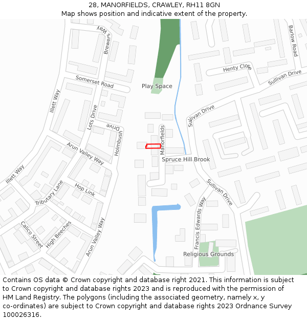 28, MANORFIELDS, CRAWLEY, RH11 8GN: Location map and indicative extent of plot