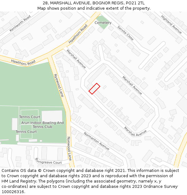 28, MARSHALL AVENUE, BOGNOR REGIS, PO21 2TL: Location map and indicative extent of plot