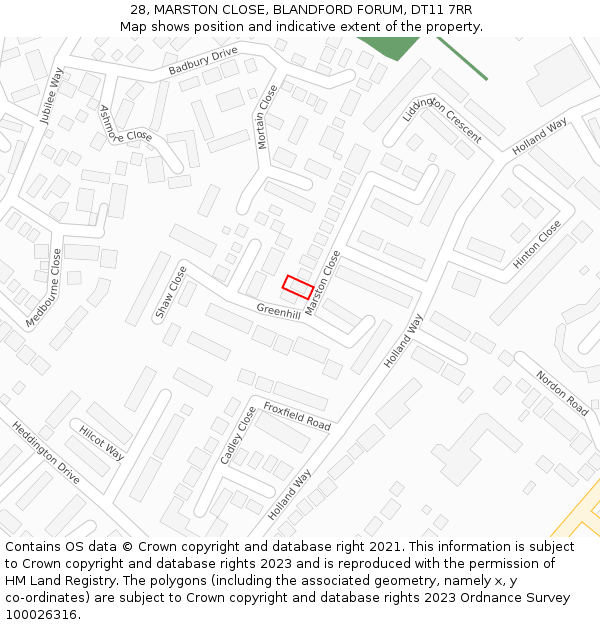 28, MARSTON CLOSE, BLANDFORD FORUM, DT11 7RR: Location map and indicative extent of plot