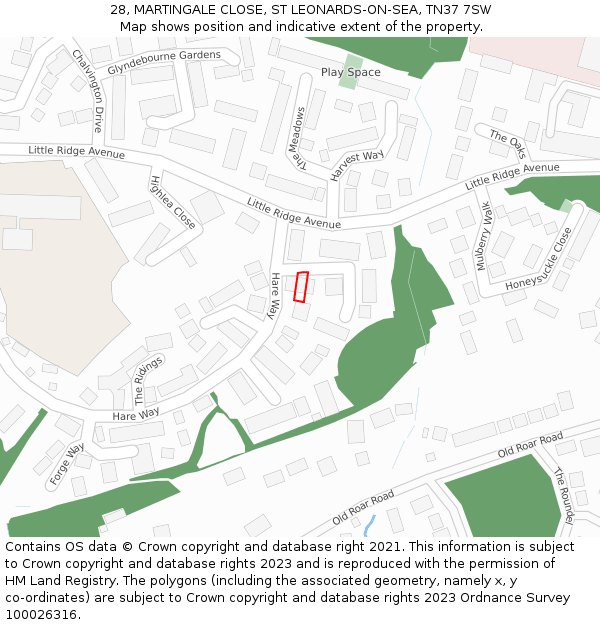 28, MARTINGALE CLOSE, ST LEONARDS-ON-SEA, TN37 7SW: Location map and indicative extent of plot