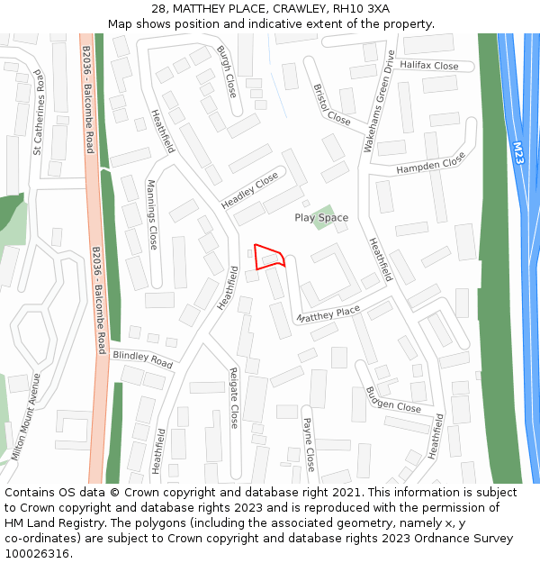 28, MATTHEY PLACE, CRAWLEY, RH10 3XA: Location map and indicative extent of plot